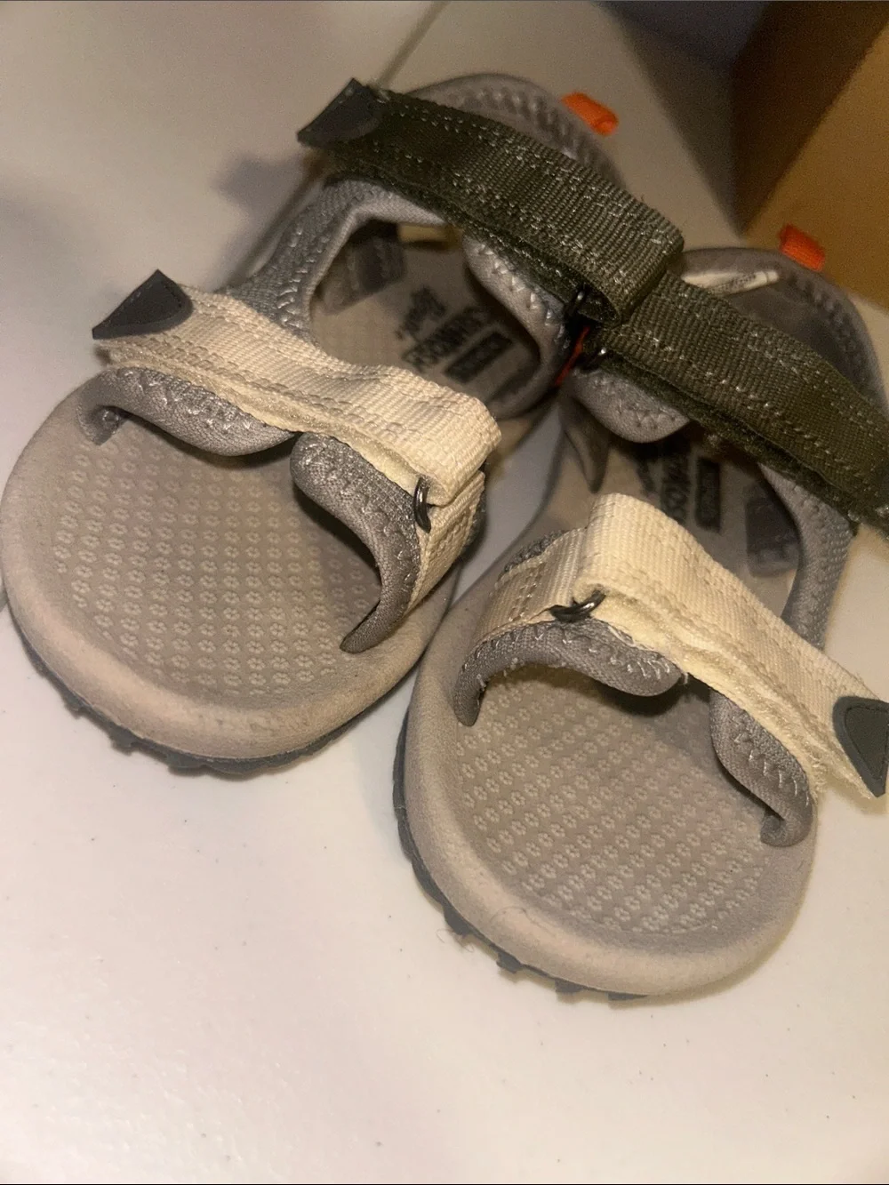 OshKosh B'gosh Gray, Olive and Cream Kids Sandals with Orange Pull Tabs